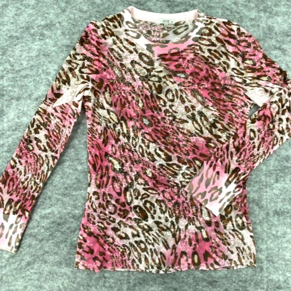 Cache Womens Top Large Pink Animal Print Lightweight Embellished Brown Pullover